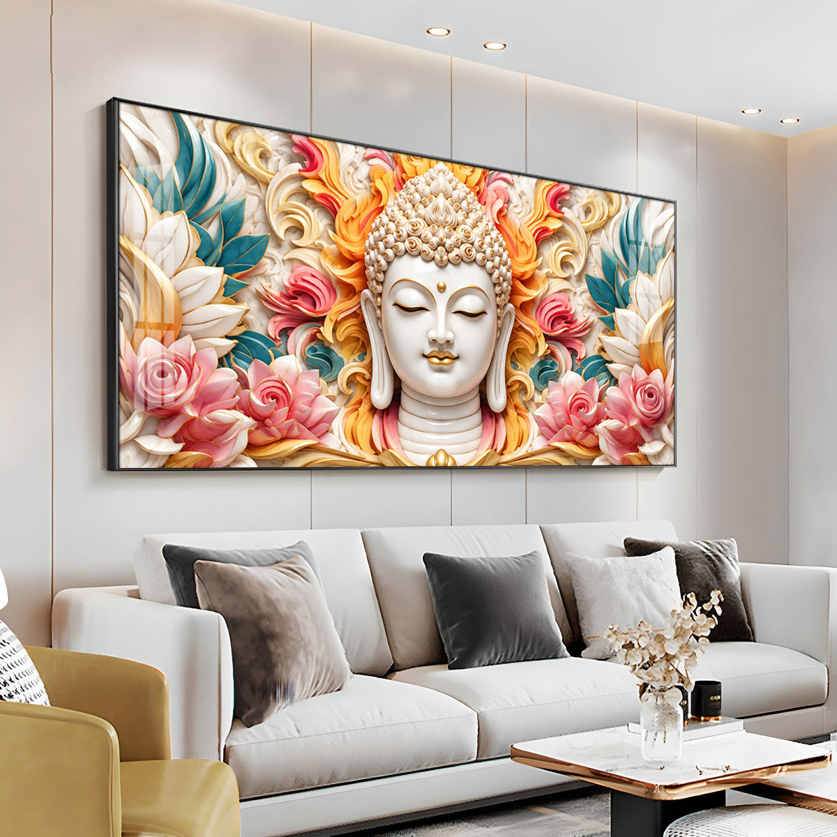 Meditating Buddha In Floral Premium Acrylic Horizontal Wall Art