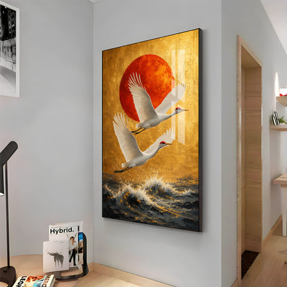 Cranes Over the Ocean & Red Sun Premium Acrylic Vertical Wall Art