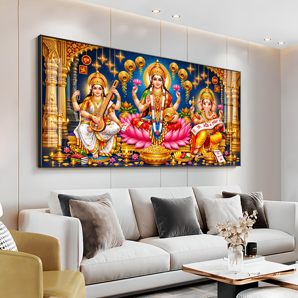 Maa Lakshmi, Ganesha and Saraswati Premium Acrylic Horizontal Wall Art