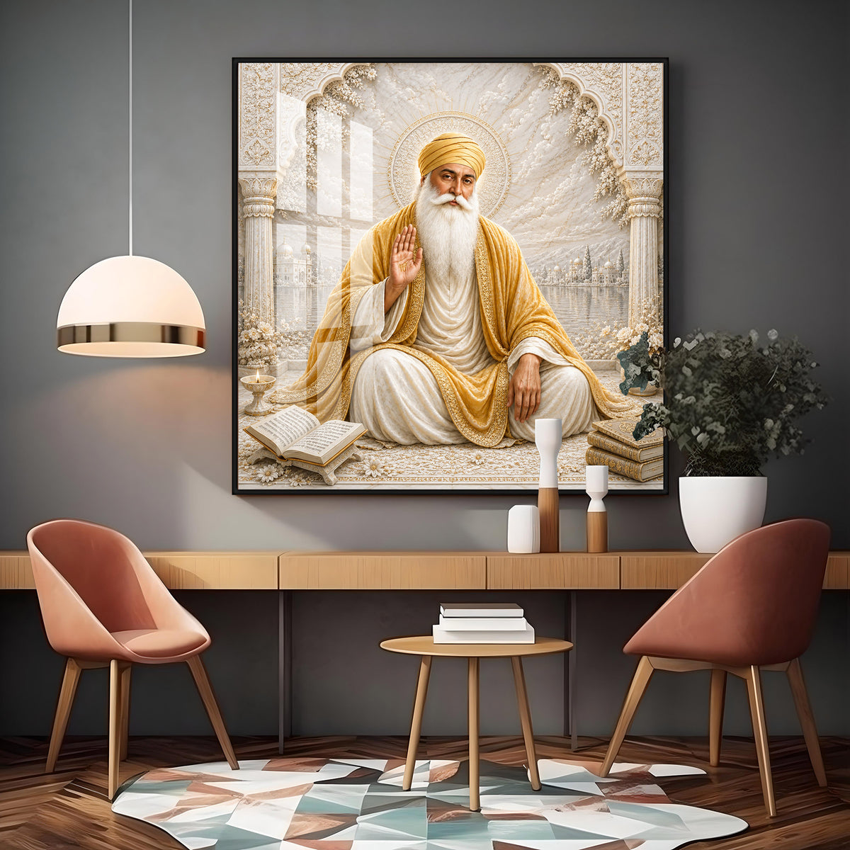 Guru Nanak Devji In Golden Shawl Premium Acrylic Square Wall Art