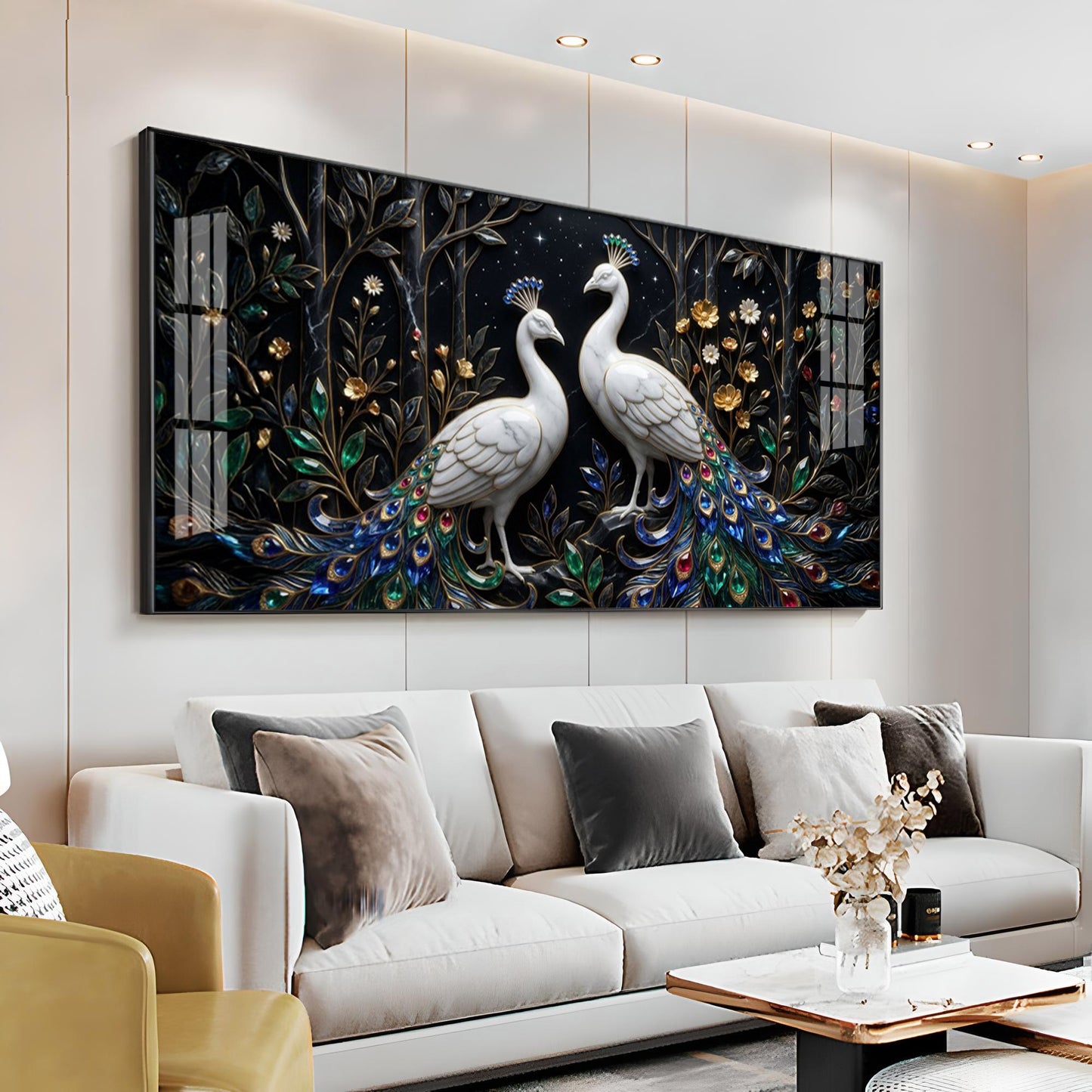 Two White Peacocks With Jewel Tails Premium Acrylic Horizontal Wall Art