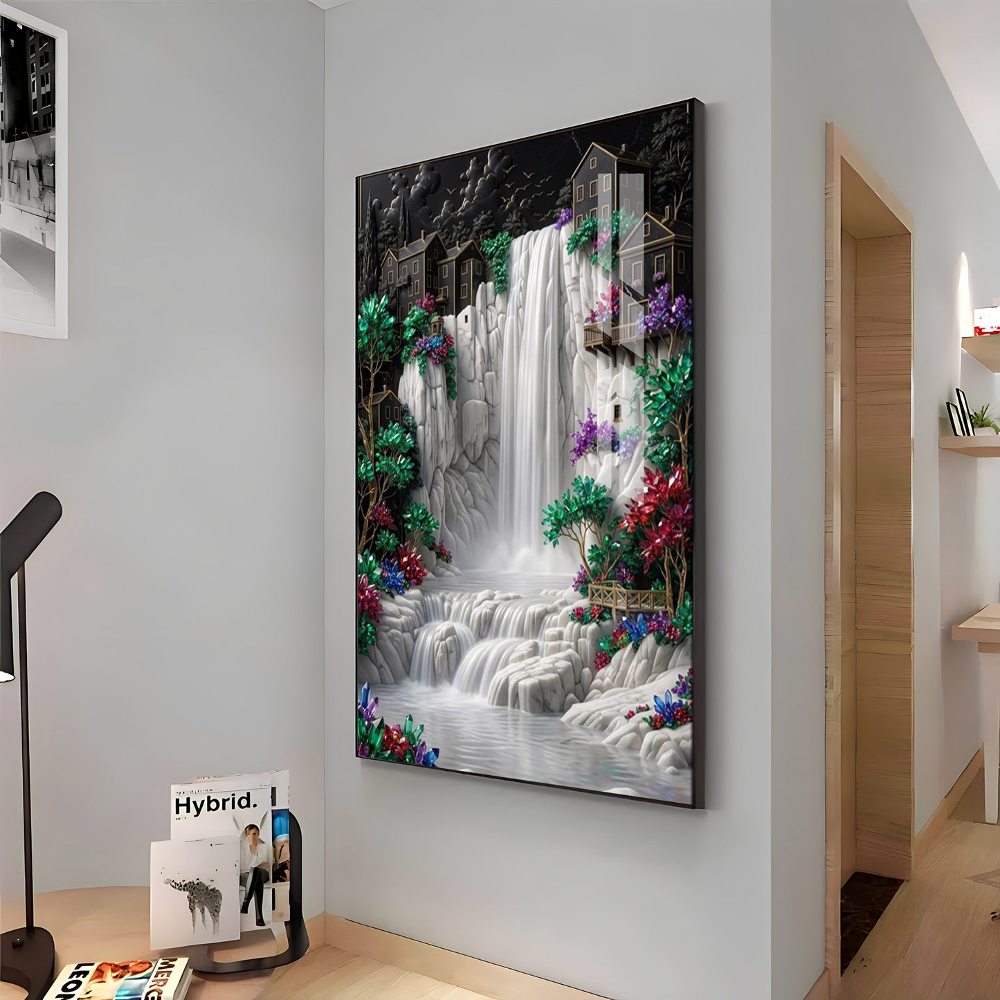 Waterfall Surrounded By Houses Premium Acrylic Vertical Wall Art