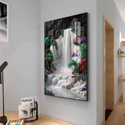 Waterfall Surrounded By Houses Premium Acrylic Vertical Wall Art