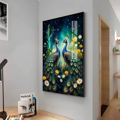 Two Peacocks With Flowers Premium Acrylic Vertical Wall Art