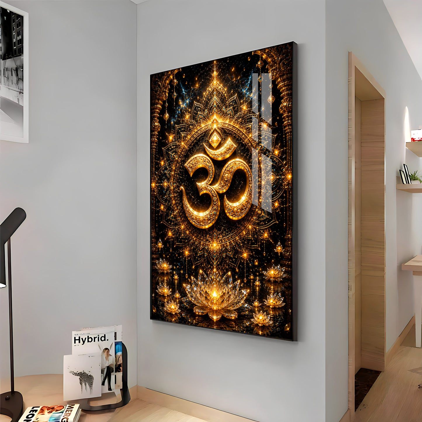 Golden Om Symbol Premium Acrylic Vertical Wall Art
