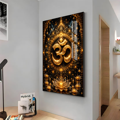 Golden Om Symbol Premium Acrylic Vertical Wall Art