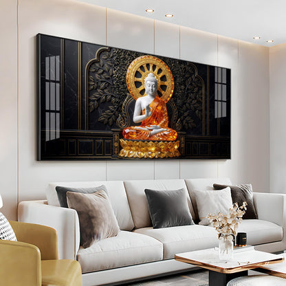 Buddha Meditating Gold & White Premium Acrylic Horizontal Wall Art