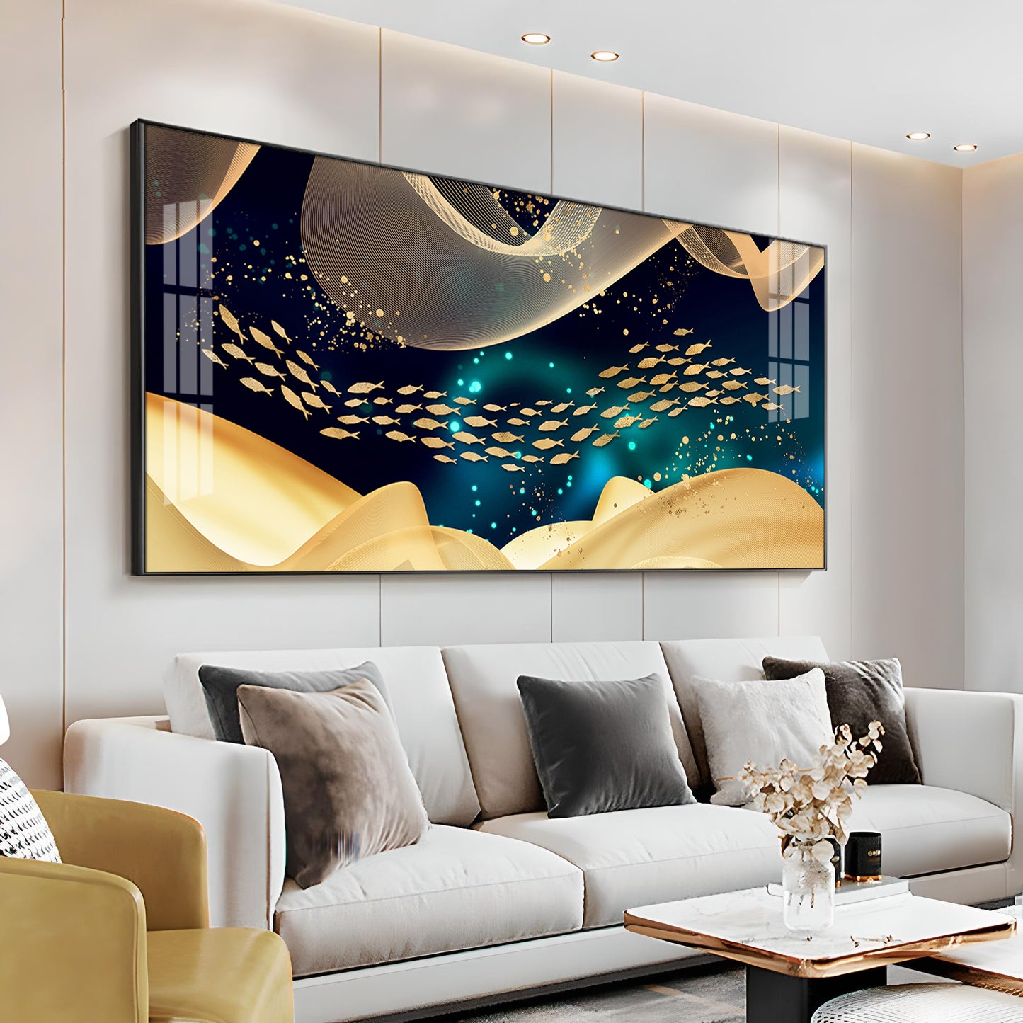 Golden Fish In Dark Blue Underwater Premium Acrylic Horizontal Wall Art