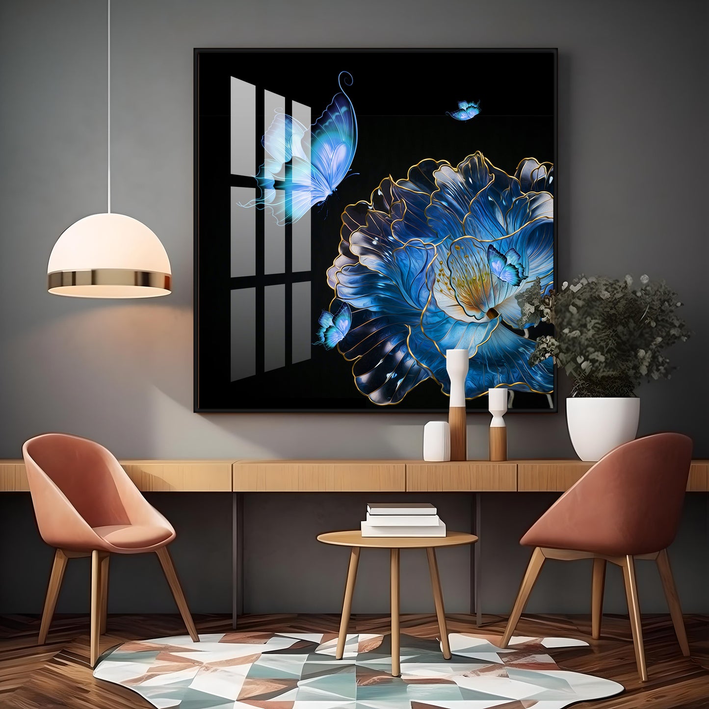 Blue Butterfly With Blue Flower Premium Acrylic Square Wall Art