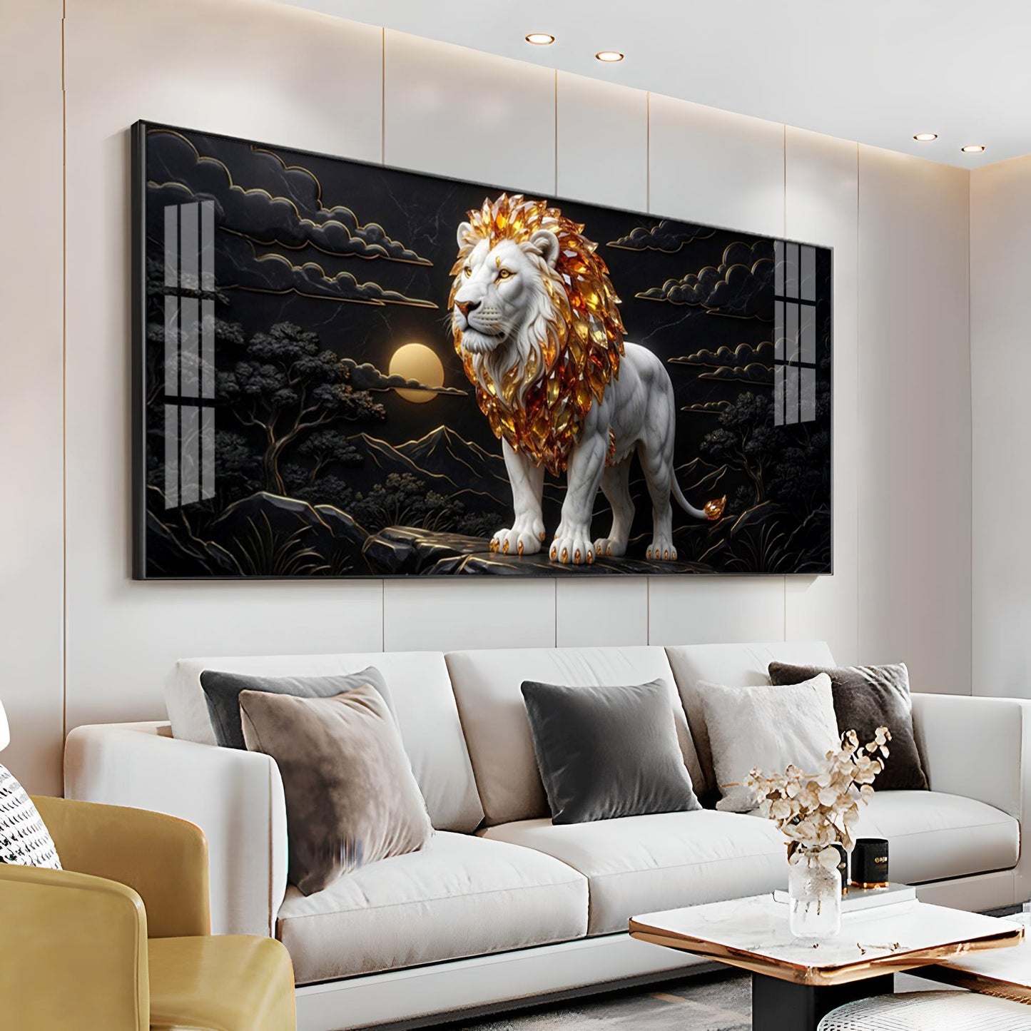Majestic White & Gold Lion Premium Acrylic Horizontal Wall Art