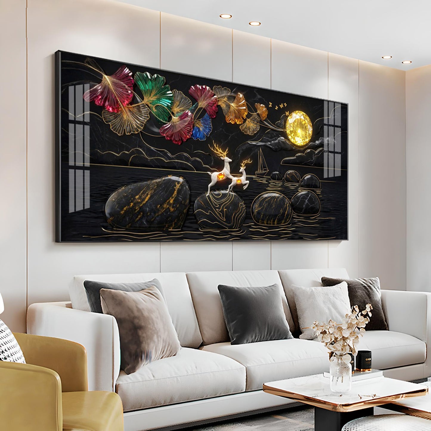 Luxurious Gold Moon and Deerstone Dreams Premium Acrylic Horizontal Wall Art