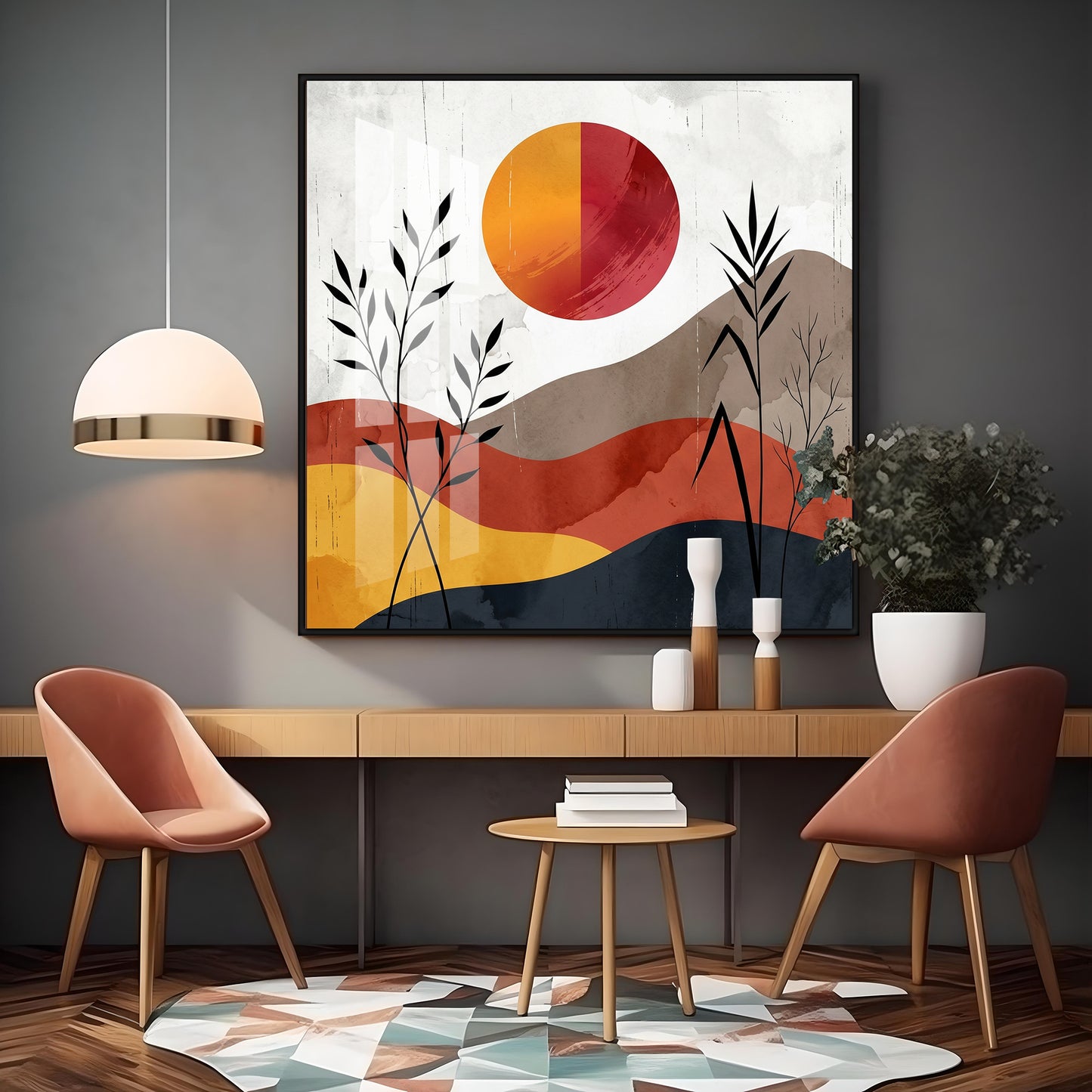 Earth-Toned Hills & Split-Color Sun Premium Acrylic Square Wall Art