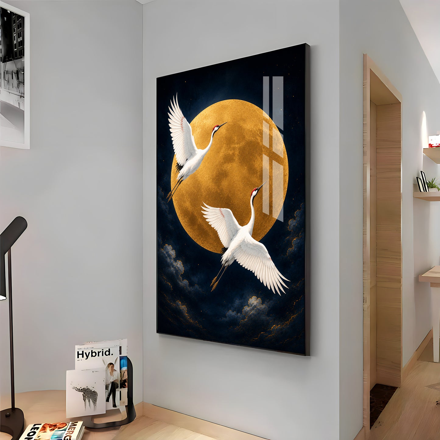 Golden Full Moon & Flying Cranes Premium Acrylic Vertical Wall Art