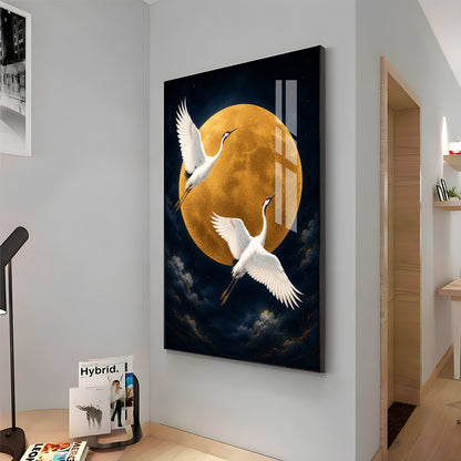 Golden Full Moon & Flying Cranes Premium Acrylic Vertical Wall Art