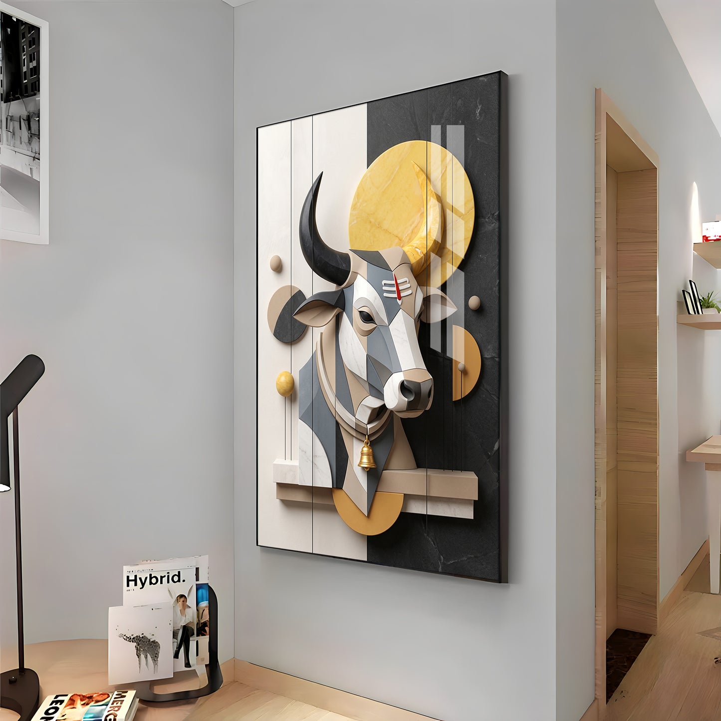 Modern Geometric Nandi with Tilak & Bell Premium Acrylic Vertical Wall Art