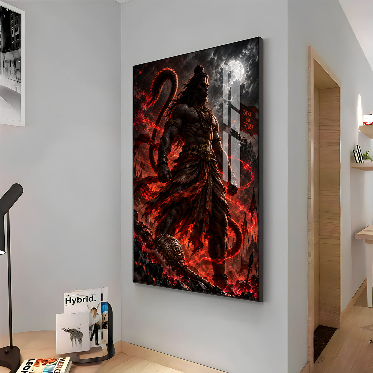 Hanuman in Red Glow Premium Acrylic Vertical Wall Art