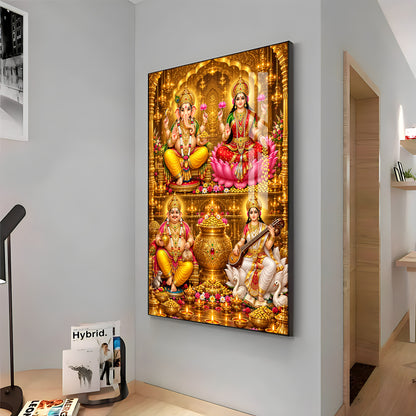 Goddess laxmi, Saraswati, Lord ganesh & Kuber Premium Acrylic Vertical Wall Art
