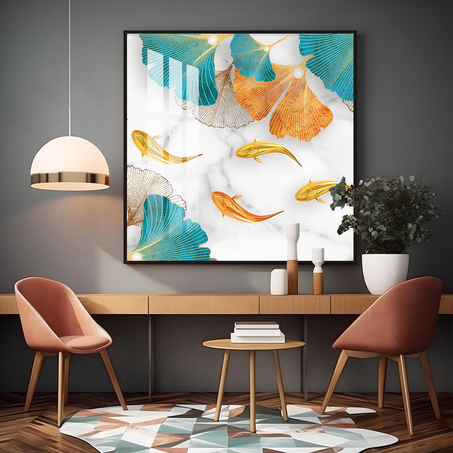 Fishes With Blue & Golden Leaf Premium Acrylic Square Wall Art