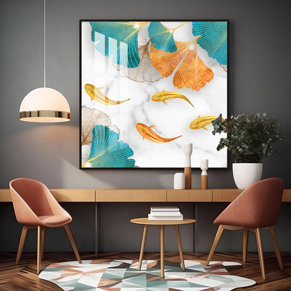 Fishes With Blue & Golden Leaf Premium Acrylic Square Wall Art