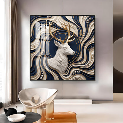 White Stag With Golden Antlers Luxury 3D Premium Acrylic Sqaure Wall Art