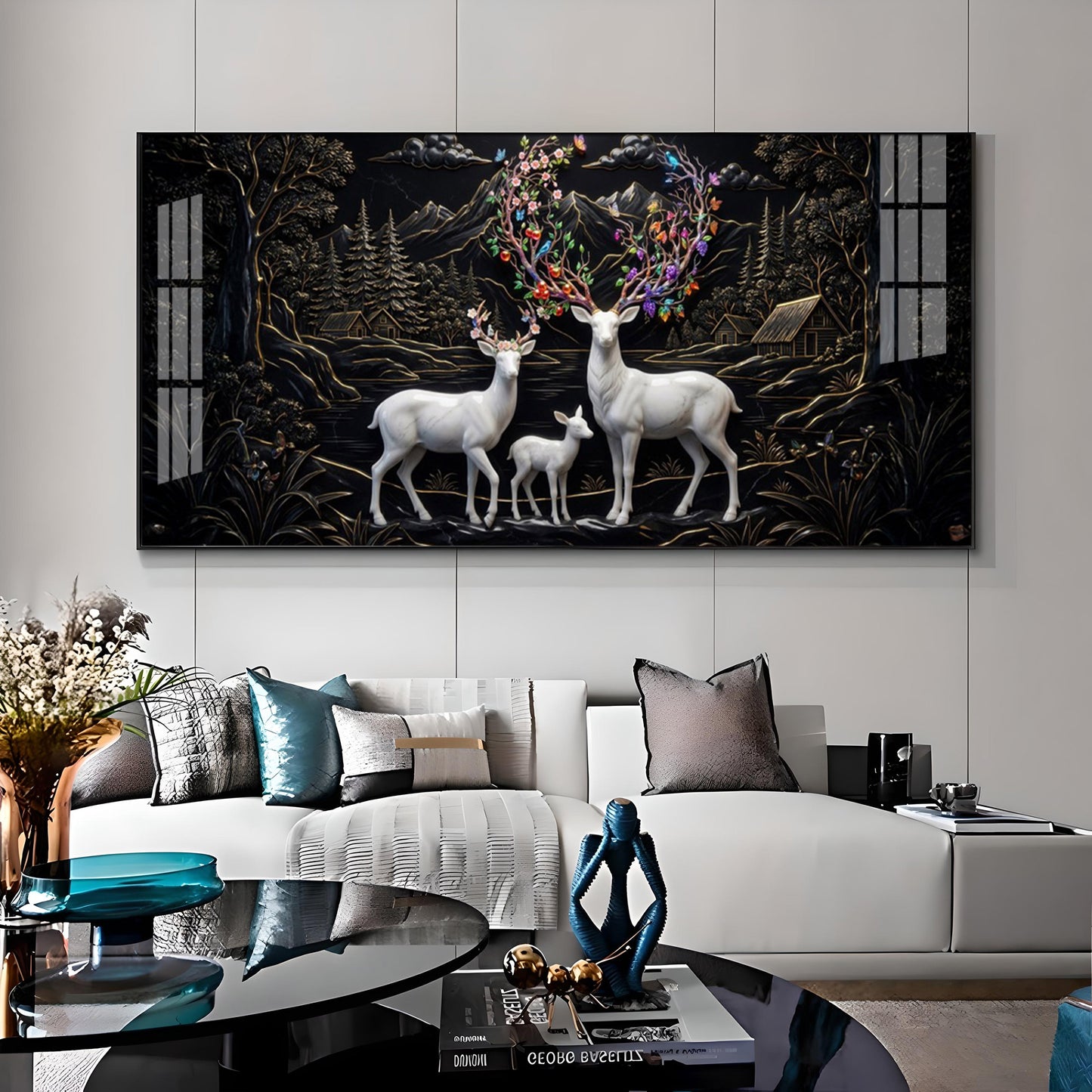 Family of Deer With Colorful Antlers Premium Acrylic Horizontal Wall Art