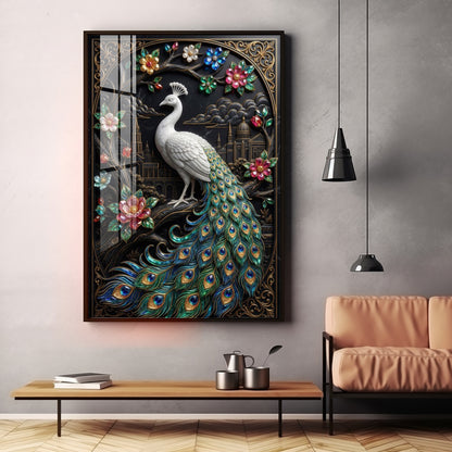 Peacock With Flowers Premium Acrylic Vertical Wall Art