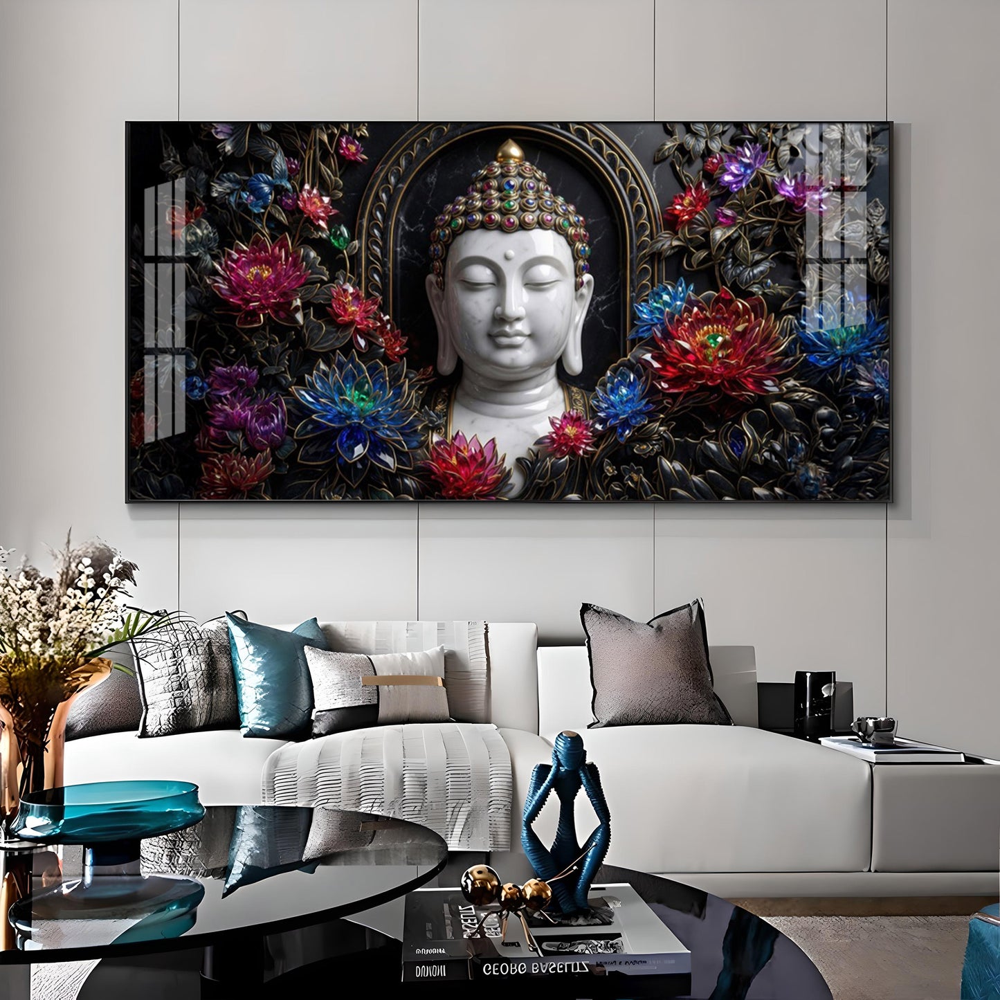 Floral Serenity Idol Buddha Premium Acrylic Horizontal Wall Art