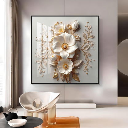 Elegant White Flowers With Gold Leaves Premium Acrylic Square Wall Art