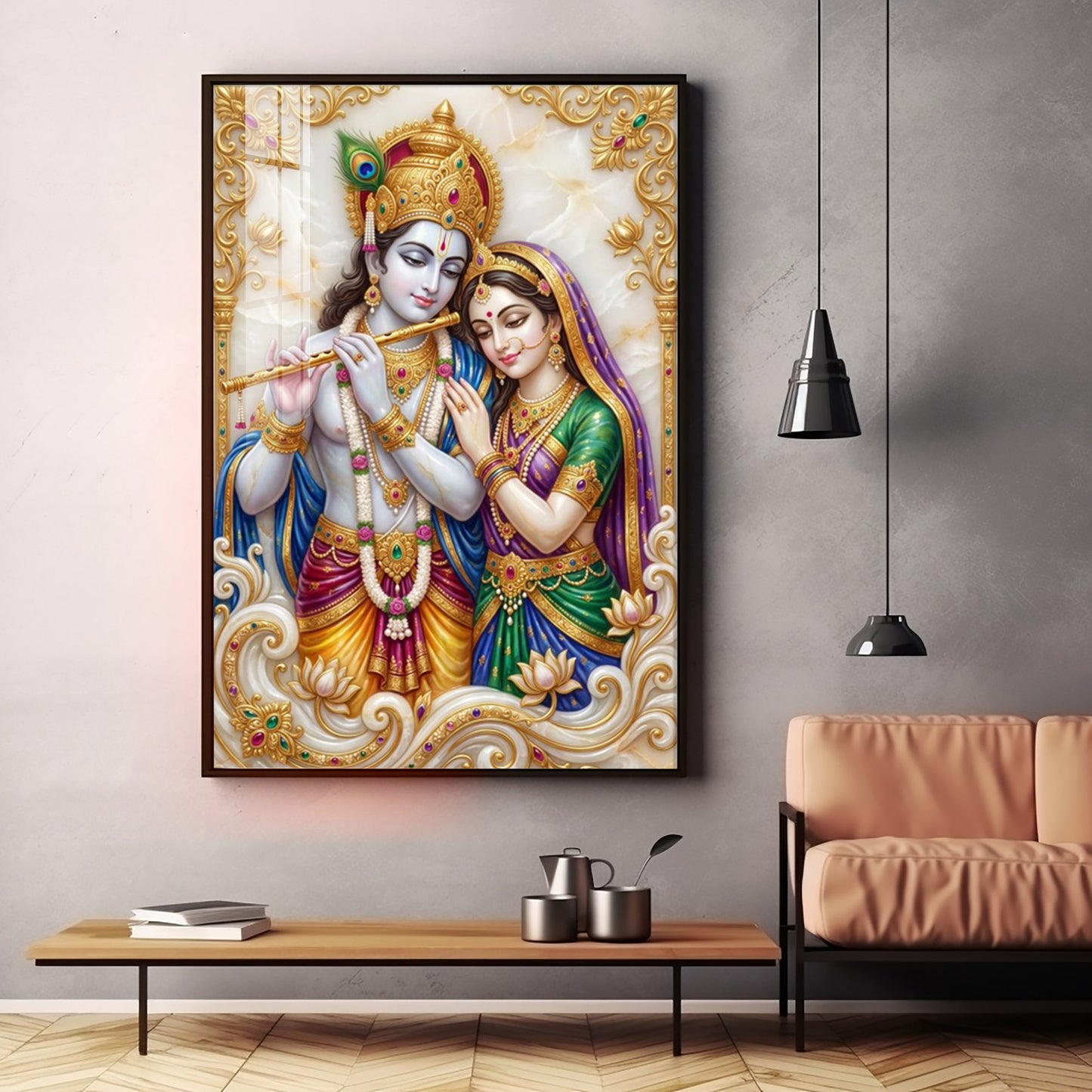 Hindu Deitie Krishna With Radha Premium Acrylic Vertical Wall Art
