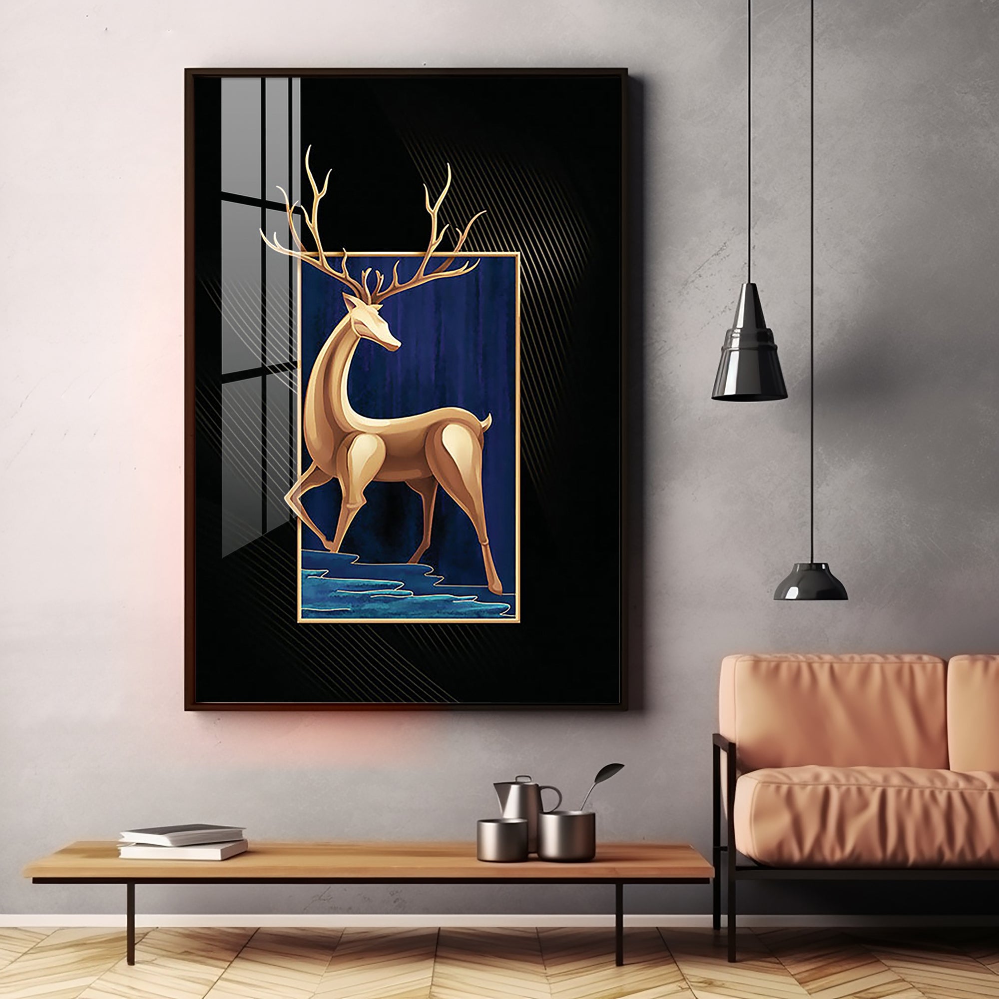 Majestic Golden Deer Premium Acrylic Vertical Wall Art