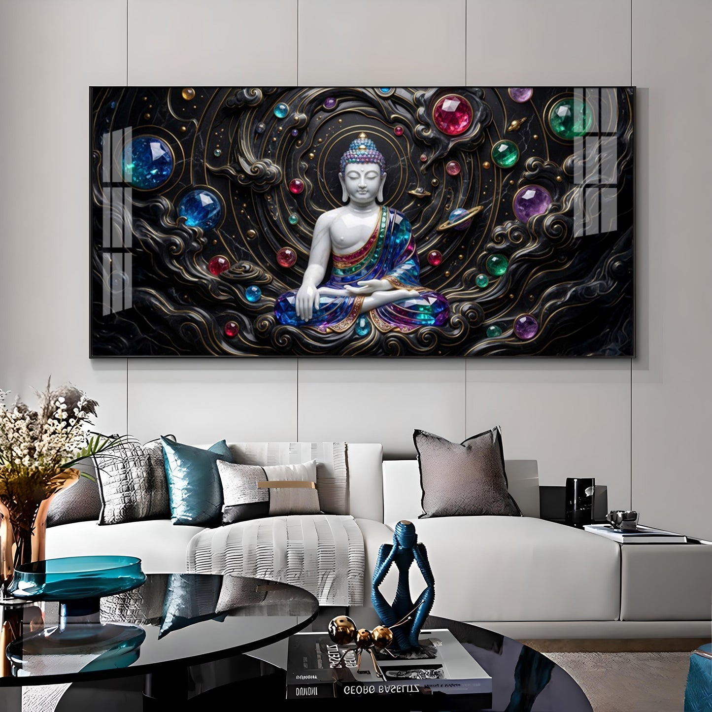 Divine Buddha With Crystal Spheres Premium Acrylic Horizontal Wall Art