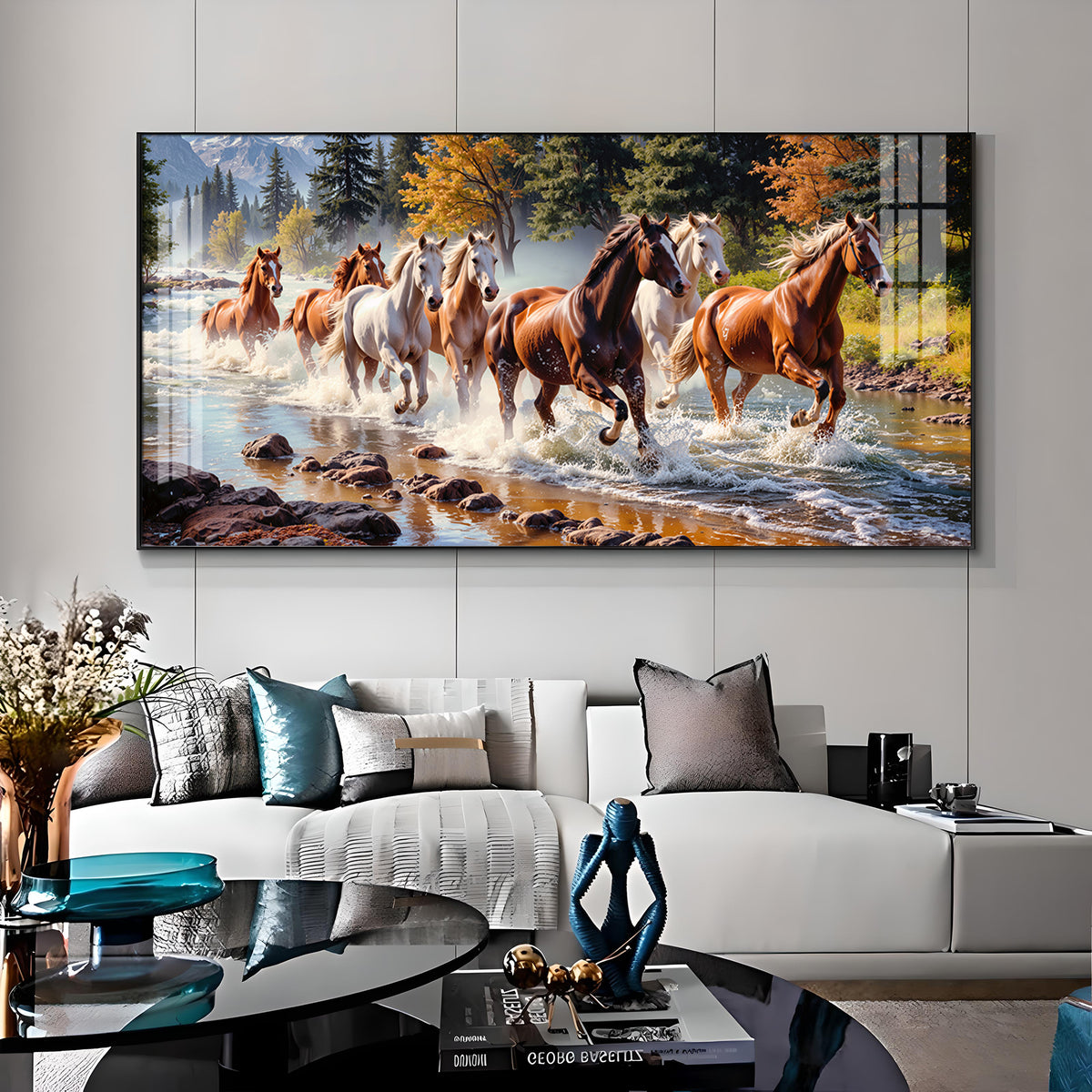 Running Horses in River Premium Acrylic Horizontal Wall Art