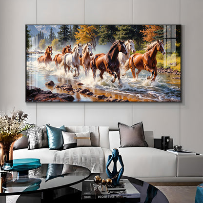 Running Horses in River Premium Acrylic Horizontal Wall Art