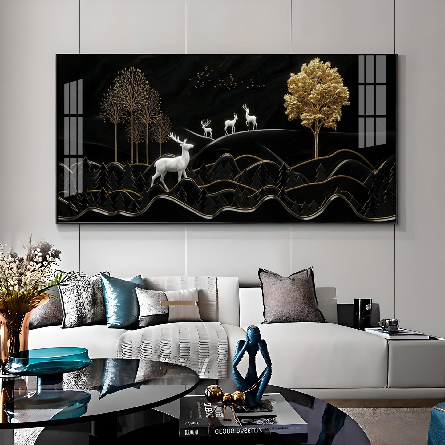 Deer Mountain With Golden Tree Premium Acrylic Horizontal Wall Art