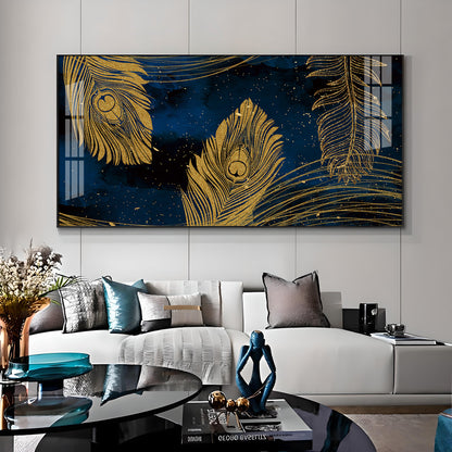 Gold Metallic Peacock Feathers Premium Acrylic Horizontal Wall Art