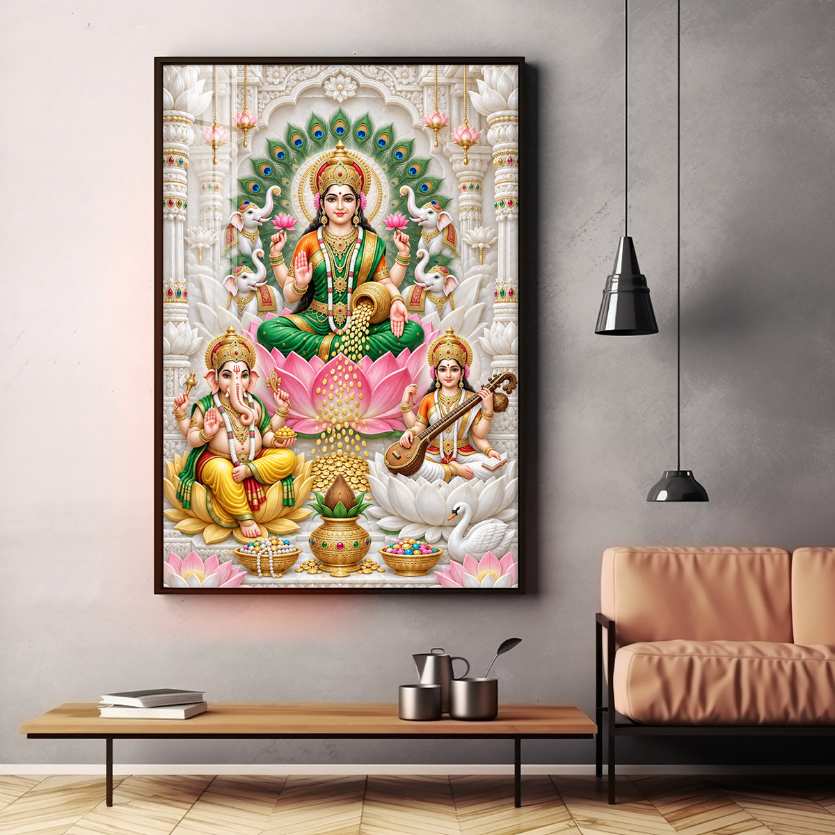 Lakshmi Saraswati Ganesha Peacock Halo Premium Acrylic Vertical Wall Art