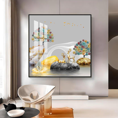 Couple Of Deer & Swan Premium Acrylic Square Wall Art