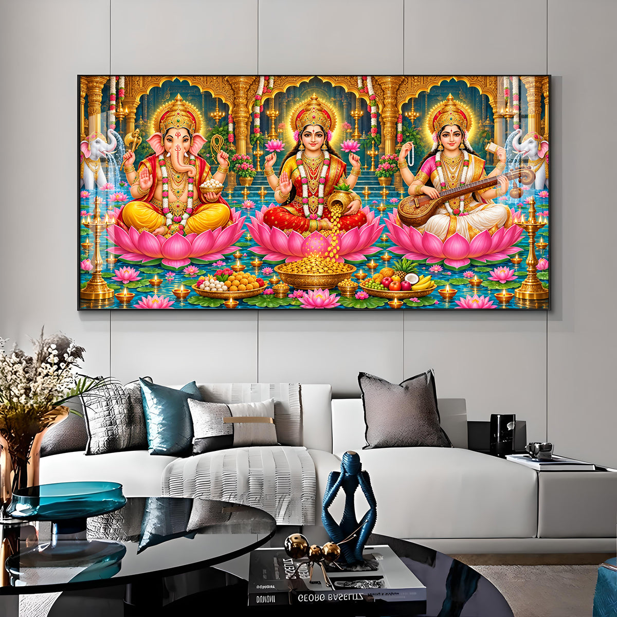 Divine Lord Ganesha, Goddess Lakshmi, and Goddess Saraswati Premium Acrylic Horizontal Wall Art