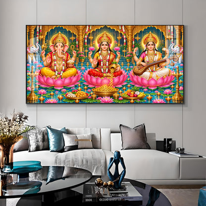 Divine Lord Ganesha, Goddess Lakshmi, and Goddess Saraswati Premium Acrylic Horizontal Wall Art