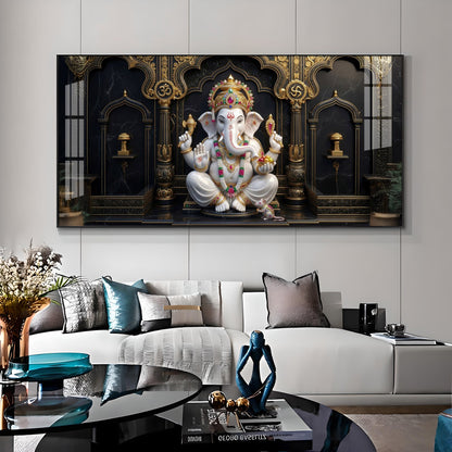 White & Gold Lord Ganesha Premium Acrylic Horizontal Wall Art
