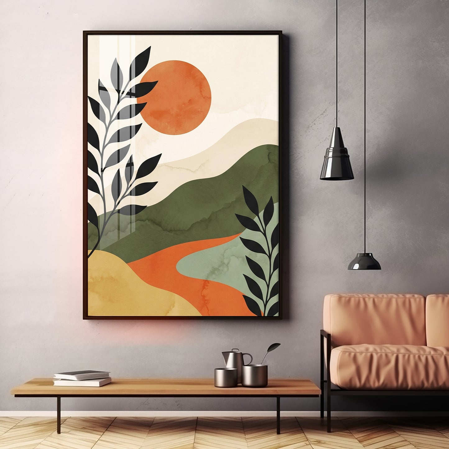 Earth-Toned Mountains & Red Moon Premium Acrylic Vertical Wall Art
