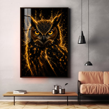 Golden Flame Owl Premium Acrylic Vertical Wall Art