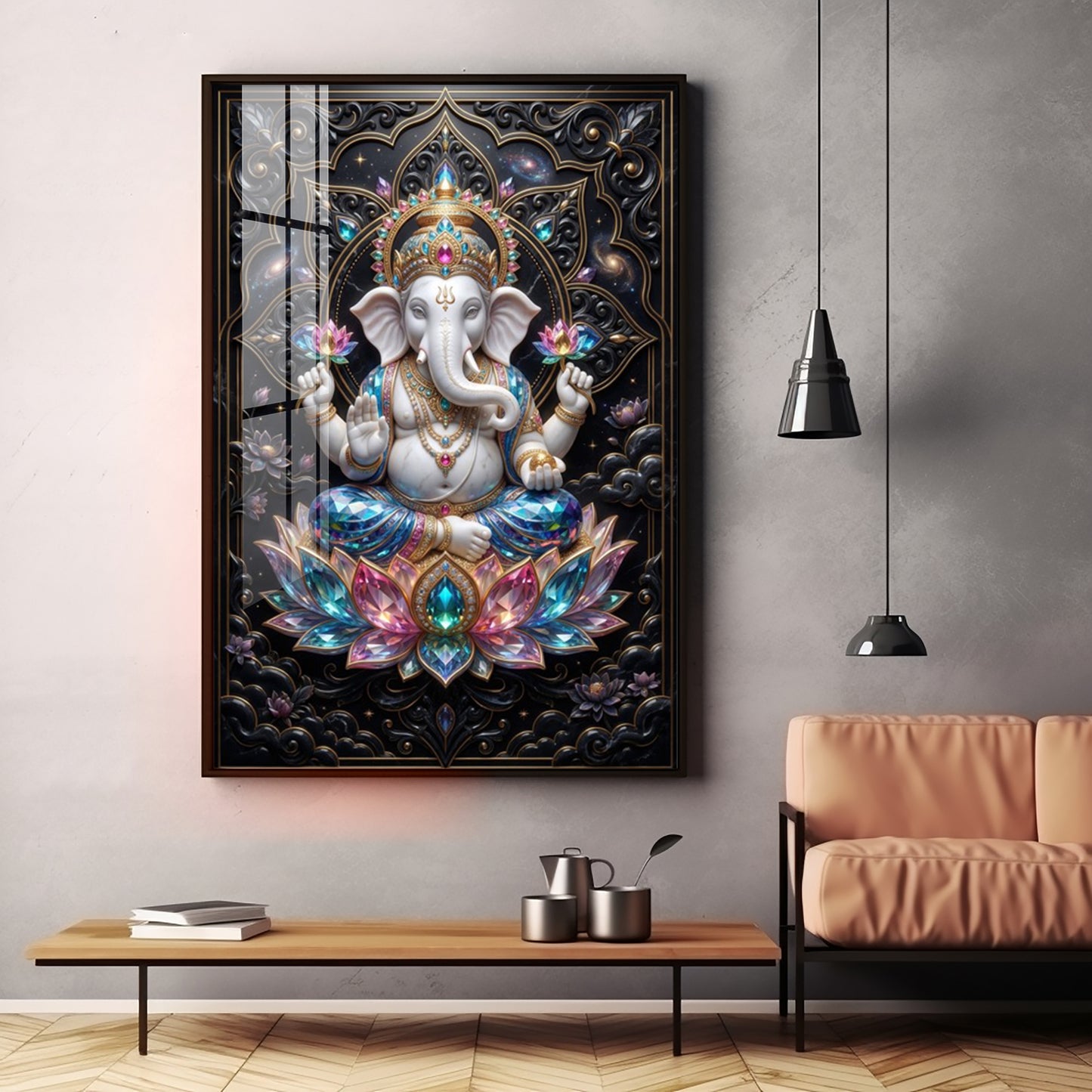 Lord Ganesha Seated On A Lotus Throne Premium Acrylic Vertical Wall Art