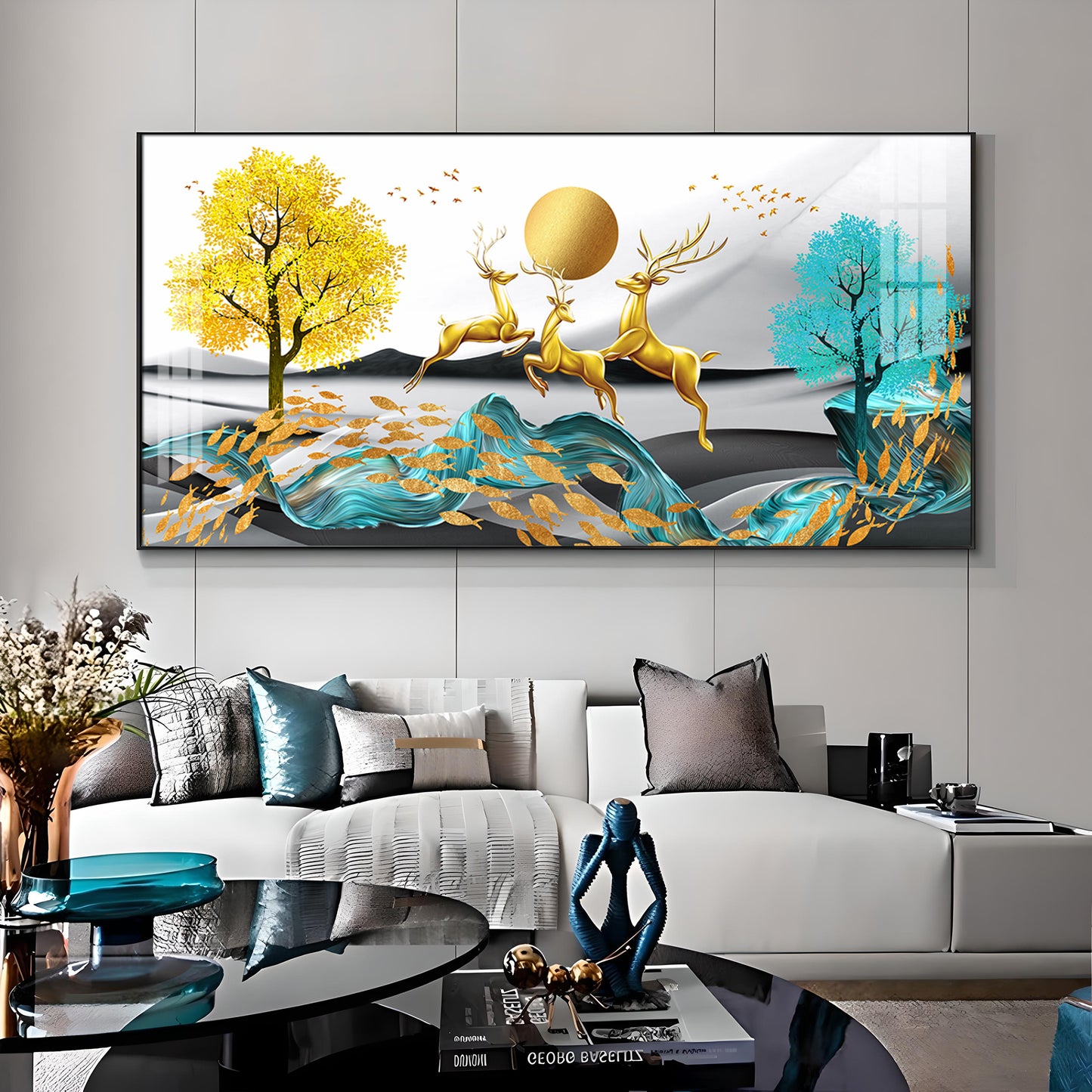 Golden Deer Themed Premium Acrylic Horizontal Wall Art