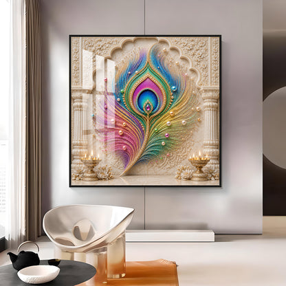 Colorful Peacock Feather Premium Acrylic Square Wall Art