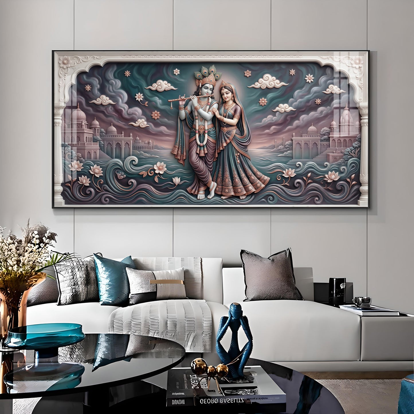 Radha Krishna In Lotus Filled Premium Acrylic Horizontal Wall Art