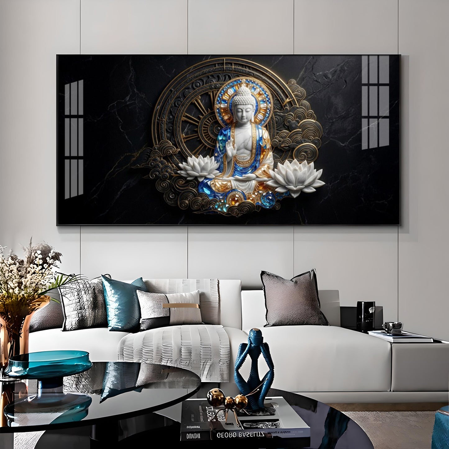 White & Gold Buddha With Flowers Premium Acrylic Horizontal Wall Art