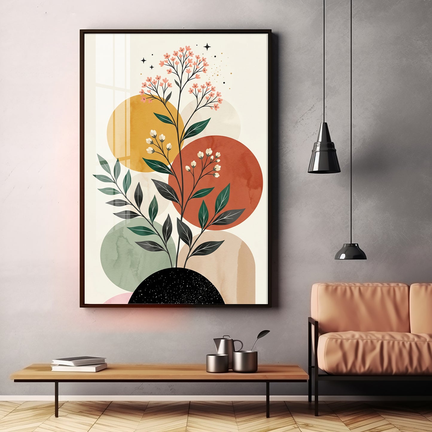 Floral Against Muted Circular Shapes Premium Acrylic Vertical Wall Art