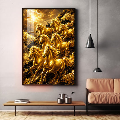 Golden Seven Horses Premium Acrylic Vertical Wall Art