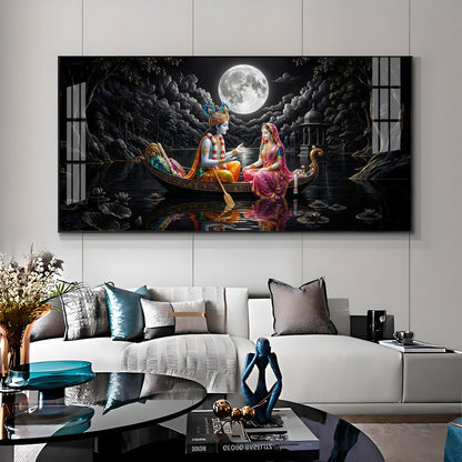 Radha & Krishna's Moonlit Journey Premium Acrylic Horizontal Wall Art
